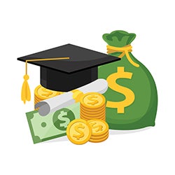 Graduation cap and diploma on top of money Icon.