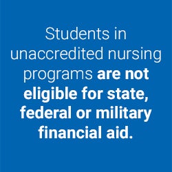 Students in unaccredited nursing programs are not eligible for state, federal or military financial aid Icon.